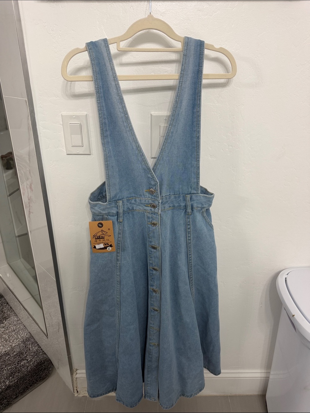 Denim Pinafore Dress in Light Blue